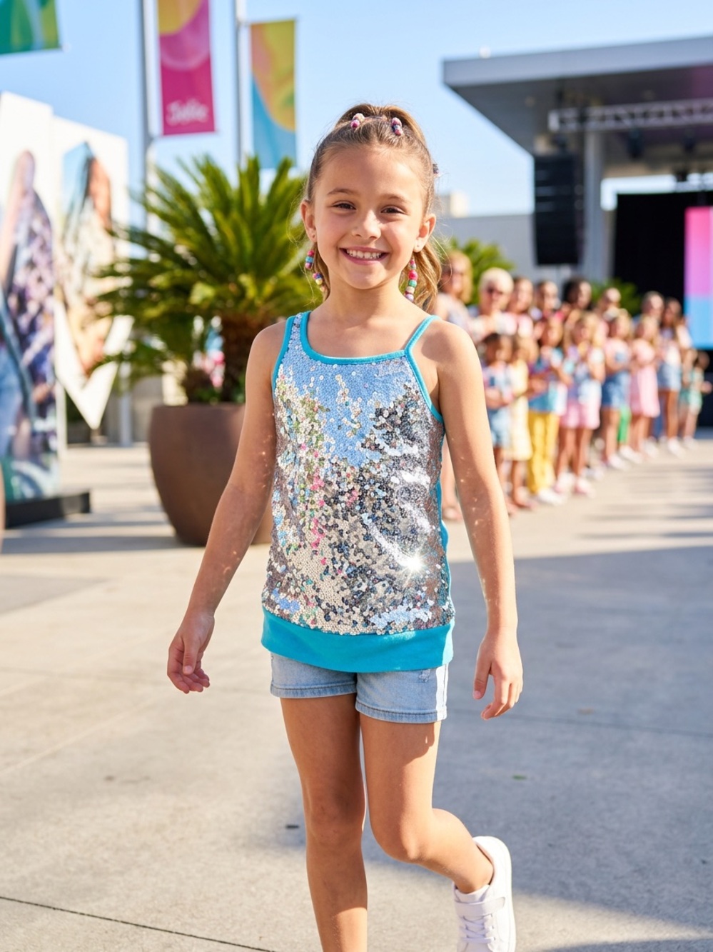 Justice Silver Sequin Tank with Turquoise Trim